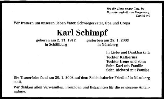 Schimpf Karl 1912-2003 Todesanzeige